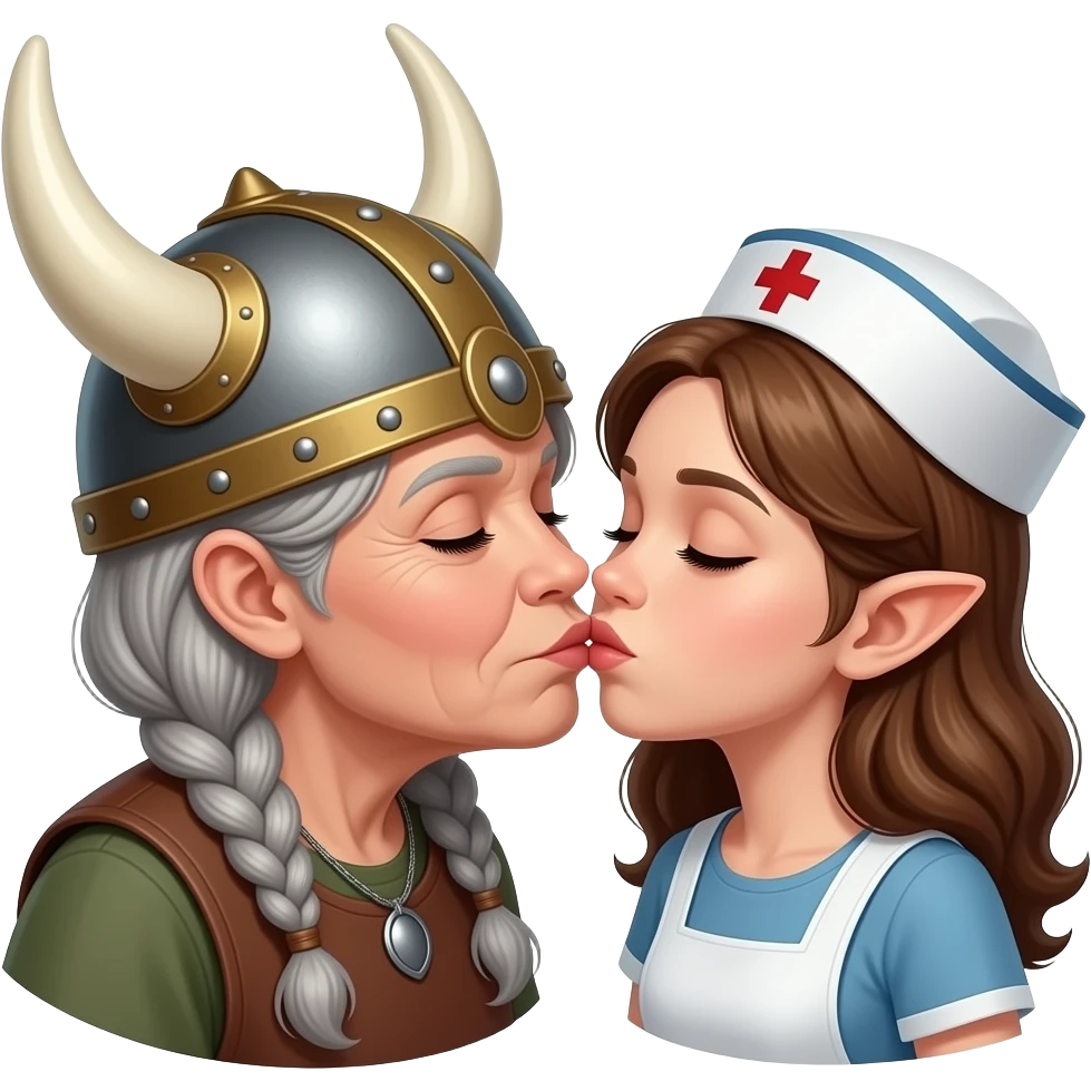 Viking helmet older woman with gray braids kissing pixie hair brunette old nurse cap on lips emoji