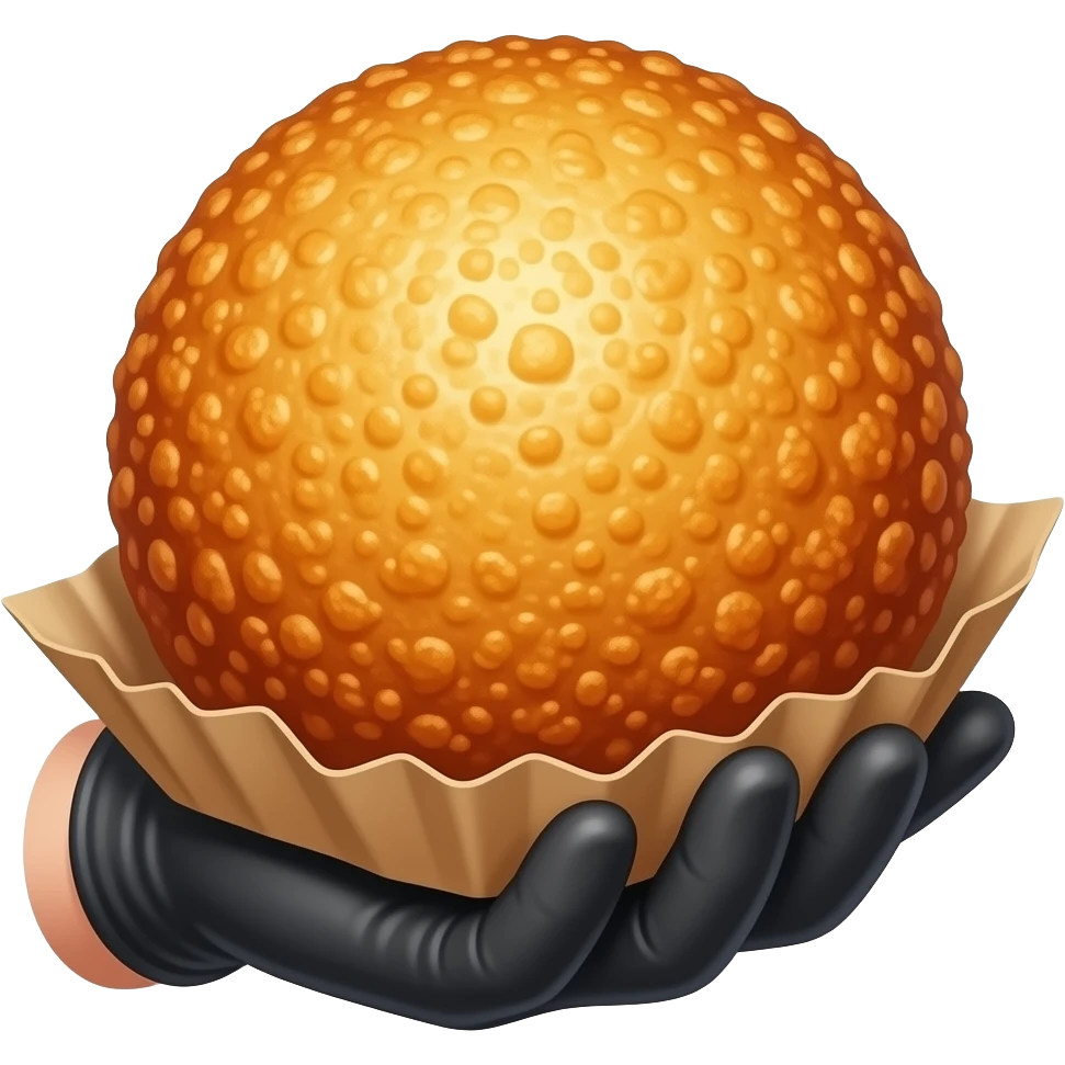 Korean fried cheese ball, realistic, golden brown round bread, crispy exterior, glossy oily texture, soft dough, one held in hand with gloves, paper tray, street food style, warm lighting, high detail emoji