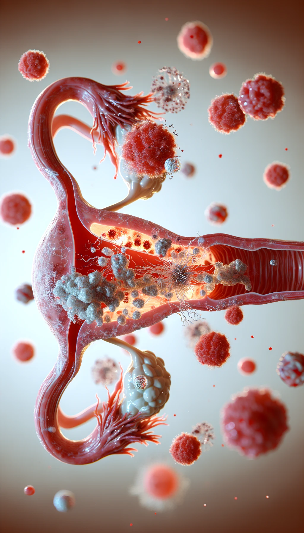 corpo umano anatomico con batteri come la candida nell'utero, sfondo neutro chiaro, iperrealistico 4k emoji