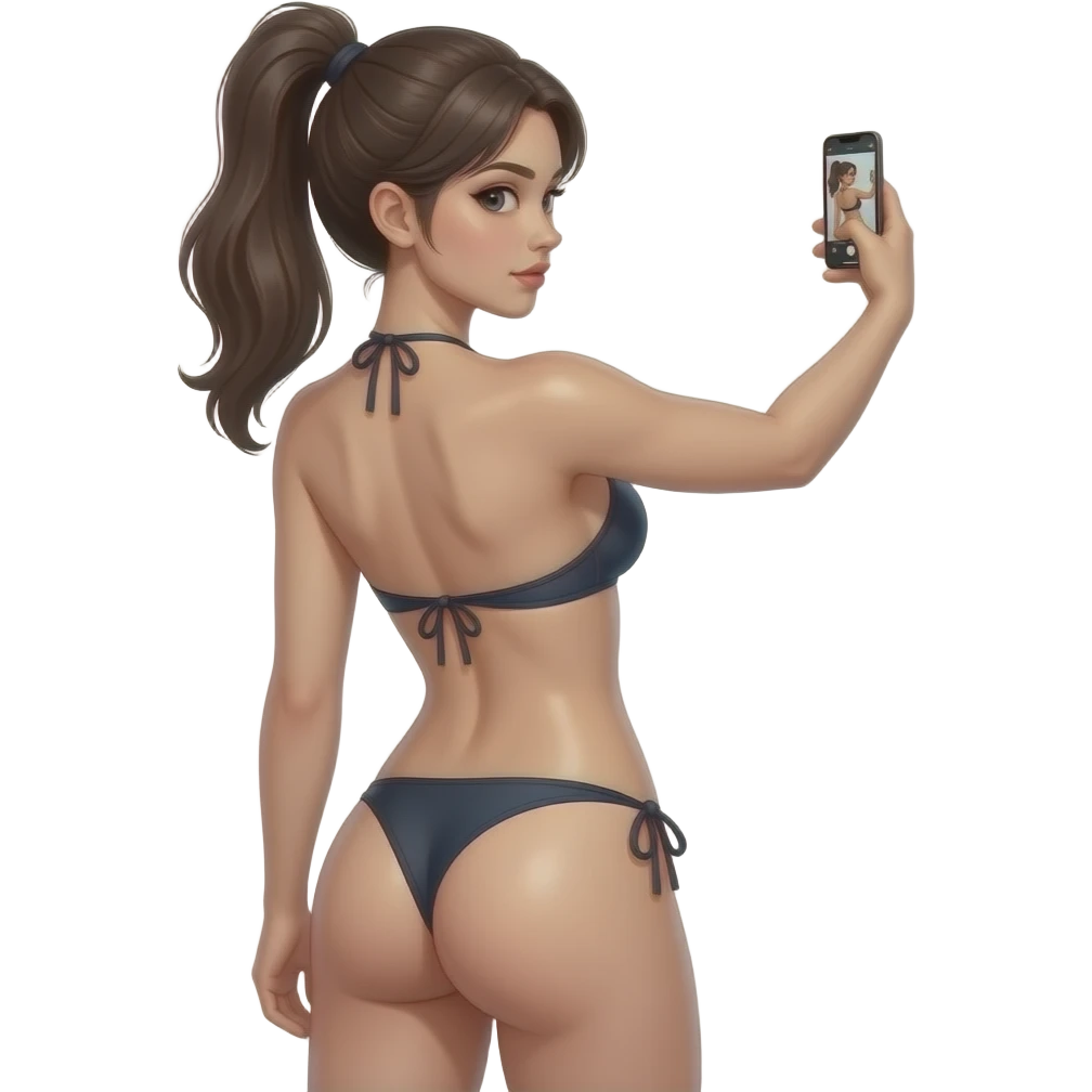 girl wearing only a thong, topless taking selfie, back facing viewer, looking at viewer, full body, hot, sexy, pale skin , realistic proportions, oiled up, glistening skin emoji