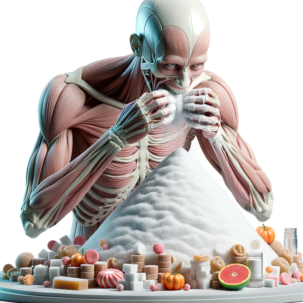corpo umano anatomico che si abbuffa di dolci e zuccheri, montagna di zuccheri davanti a lui, iperrealistico 4k, isolato su sfondo bianco emoji