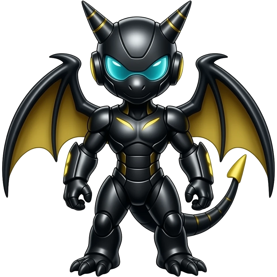 a shiny Black Genesect-Flygon-Raptor-Fakémon—hybrid with a futuristic visor-helmet full body emoji