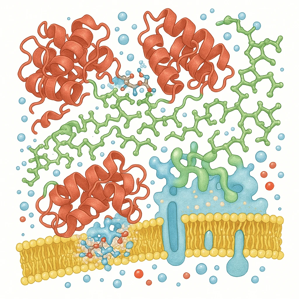 Ultra-realistic scientific illustration of enzymatic starch digestion at the cellular level, rendered in textbook-accurate detail. Show:

Multiple amylase enzyme molecules (red, with clear tertiary structure showing alpha-helices and beta-sheets) actively cleaving
Starch polymers (green amylose/amylopectin with accurate glucose unit linkages - α(1→4) and α(1→6) branches)
Cell membrane segment (yellow phospholipid bilayer with integral proteins and cholesterol molecules)
Reaction environment (blue water molecules, ionic interactions, pH-sensitive groups)
Molecular interactions (hydrogen bonds, substrate-enzyme transition state, electron cloud textures)
Technical Specifications:

Style: Nature Journal-quality structural biology visualization
Lighting: Cryo-EM-like isosurface rendering with subtle ambient occlusion
Perspective: 150,000x magnification view
Background: Pure white (#FFFFFF)
Accuracy: PDB-level structural correctness (reference 1SMD for amylase)
Exclusions: No labels, no cartoon simplifications
Special Details to Include:

Catalytic triad (Asp197, Glu233, Asp300) in amylase active site
Starch helix distortion during hydrolysis
Membrane protein channels for glucose transport emoji