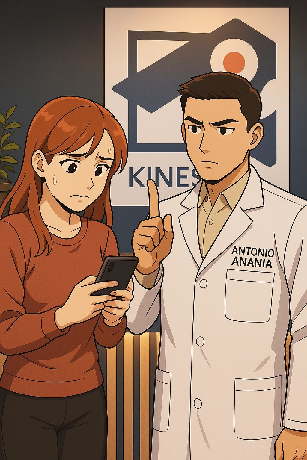 su questo stile fai un manga/webtoon a colori in cui una donna CONTROLLA LO SMARTPHONE MENTRE PARLA CON L'UOMO, l'uomo della foto in stile manga LE DICE DI "NO" CON IL DITO, mantieni un ambiente simile alla foto che ho allegato con il suo logo (sarebbe il suo studio, lui è un kinesiologo), scrivigli "ANTONIO ANANIA" sul camice bianco, non mettere fumetti, ma fai in modo che sembri che la donna CONTROLLI LO SMARTPHONE E L'UOMO CON I GESTI LE FACCIA CAPIRE CHE STA SBAGLIANDO emoji