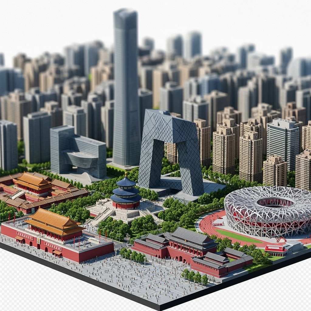 Isometric miniature of Beijing Forbidden City, Tiananmen Square, CCTV Headquarters, Temple of Heaven, China Zun skyscraper, Bird’s Nest Stadium, Beijing apartment blocks, 3D miniature effect and Tilt Shift effect, no cartoonish look, transparent background, don't cut angles emoji