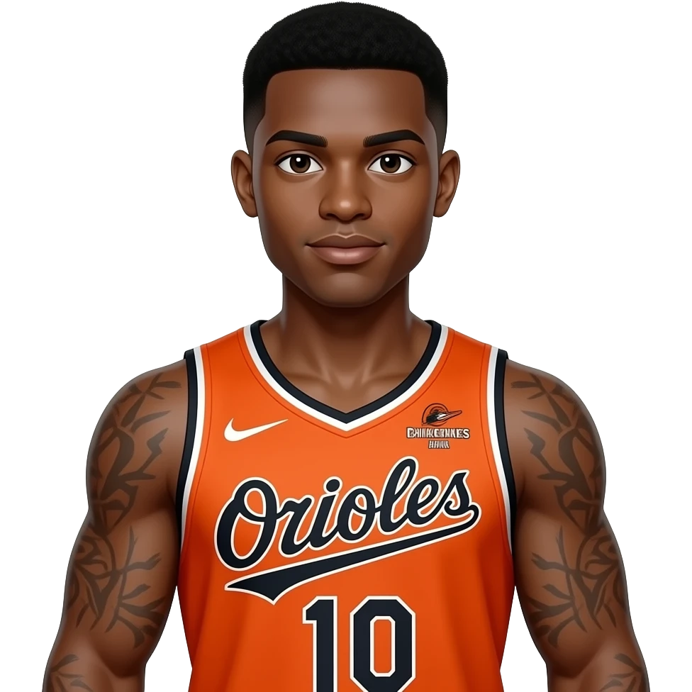 make a 22 black man in all orange basketball jersey wearing number 10 and jersey said orioles and he has big muscles with giant vains emoji