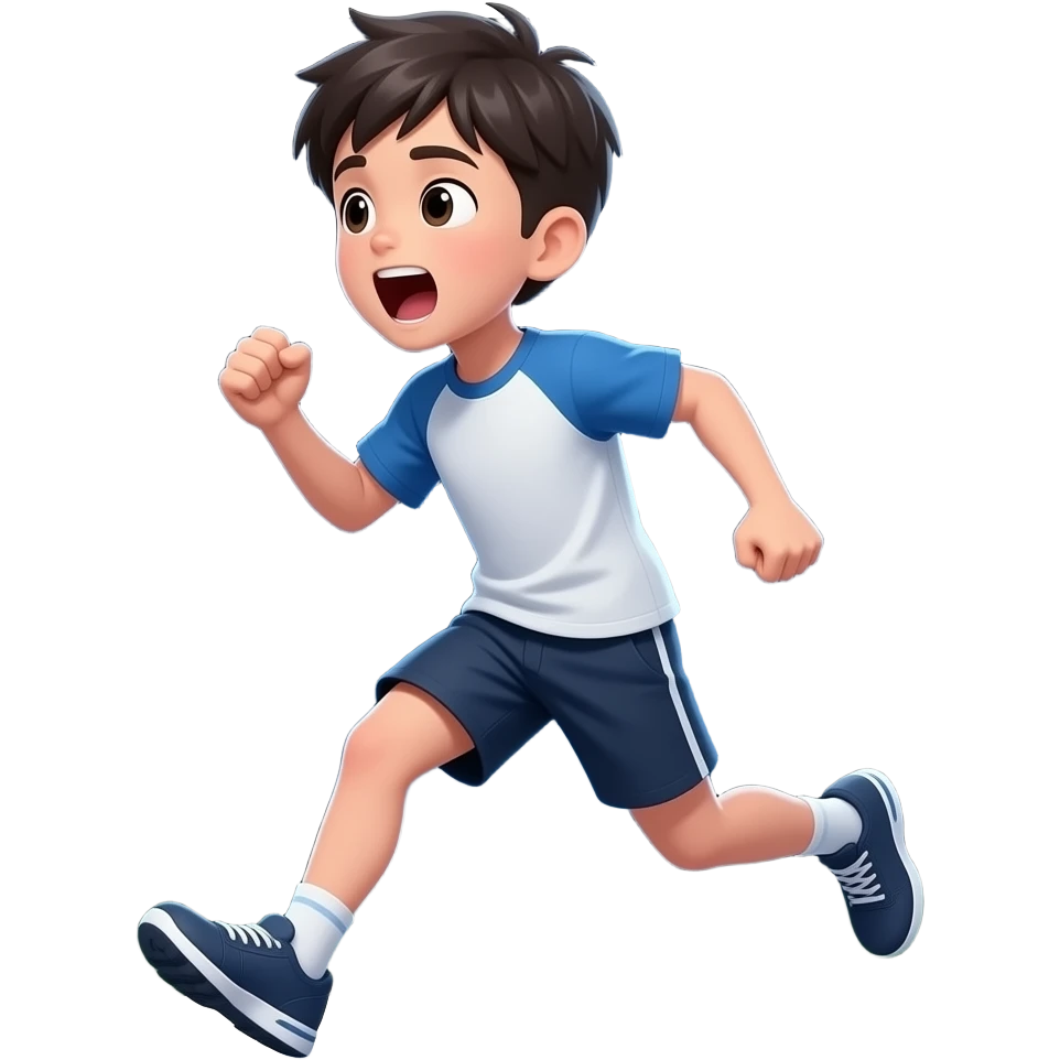 un chico de 12 años que se vea todo el cuerpo. con el pelo cortito y flequillo. y que es vea todo el cuerpo. que este corriendo y gritando, que este como de noche, osea menos iluminado emoji