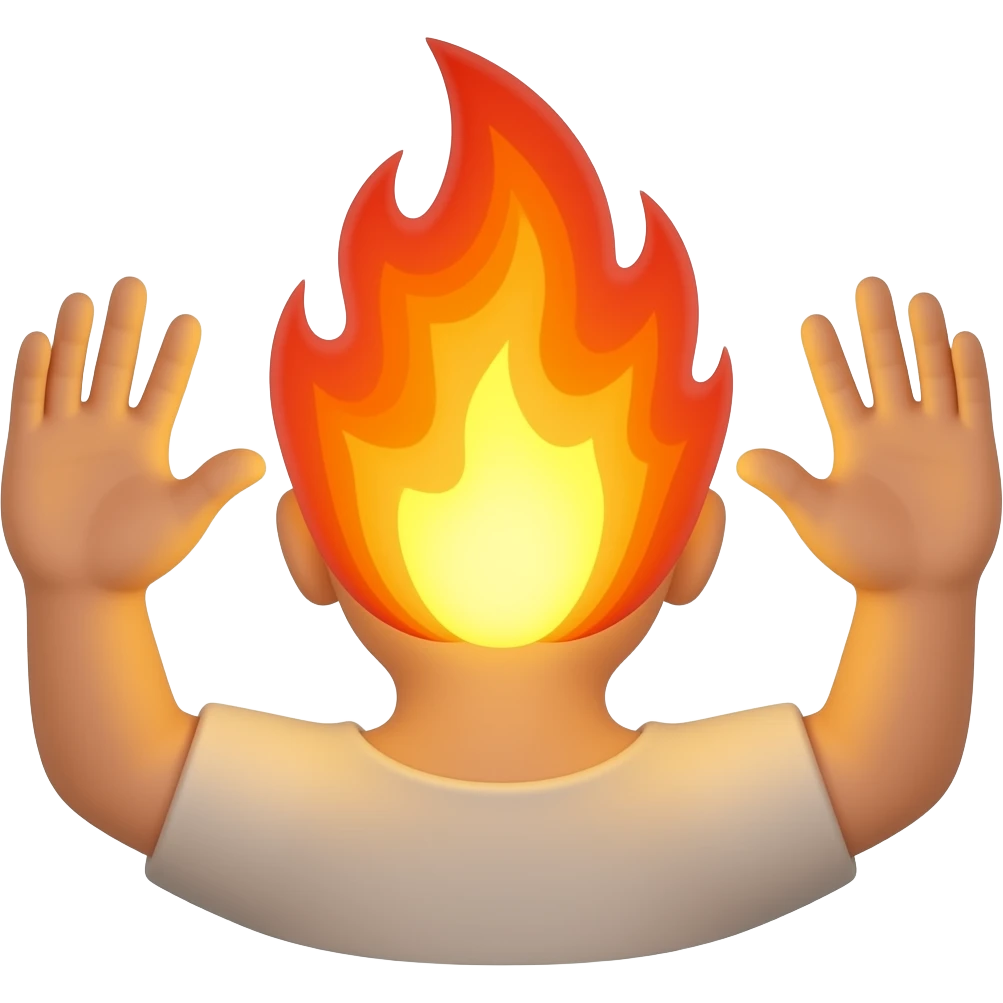 Can you turn this image to face away, remove the torso, neck, and arms, but leave the hands out in space, just as they are, the whole head of fire, so that it is seen from behind? emoji