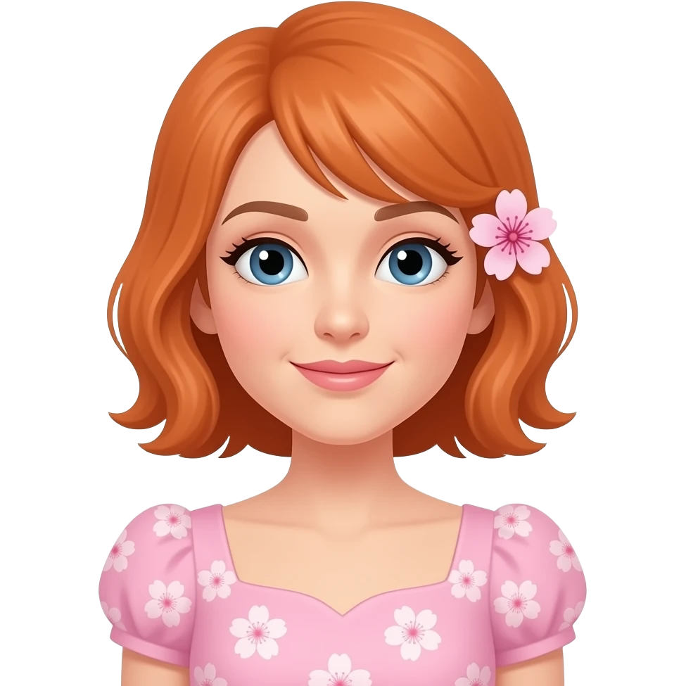 una señora de 38 años con un bestido de color rosado claro y que tenga sakuras en su bestido y una en su oreja5 y que tenga pelo amaranjado y que mire sin una sonrisa y que tenga ojos del tiempo emoji