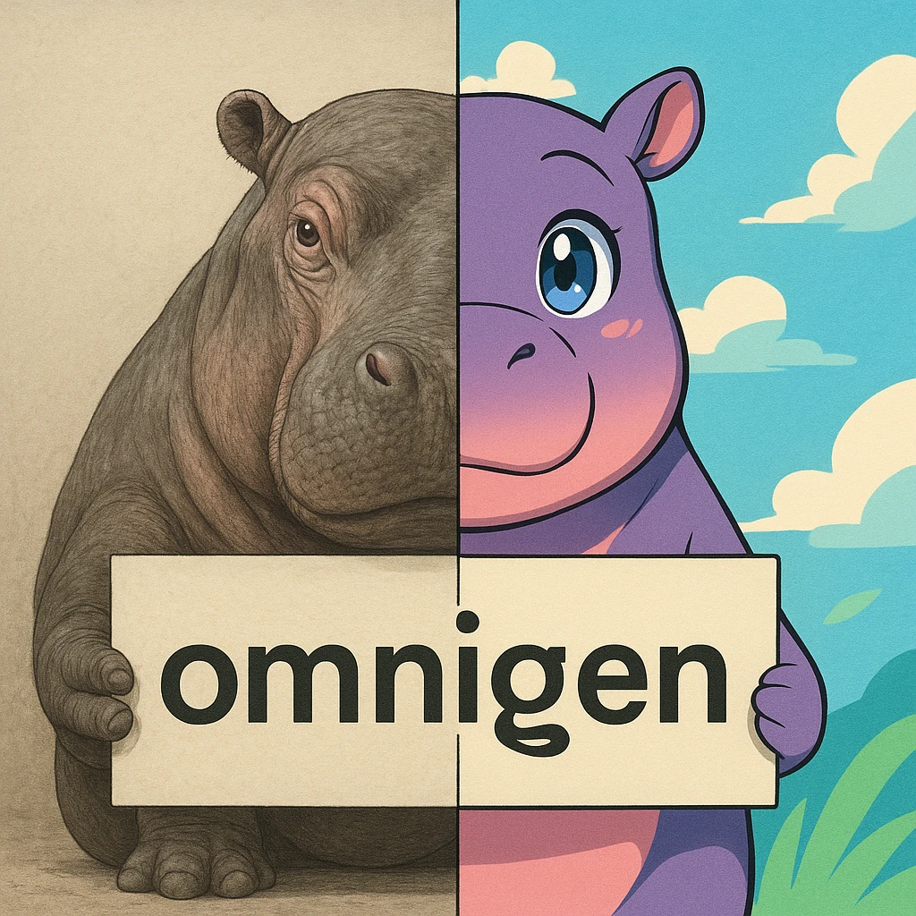 two hippo holding sign of omnigen, half picture 1 hippo is realistic another half is the anime of that same second hippo, with before after mark emoji