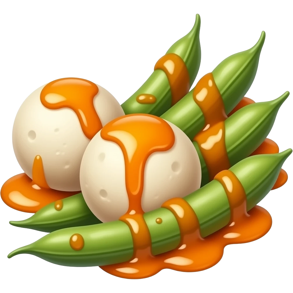 3 כדורי טופו עגולות ושעועית ירוקה ברוטב כתום emoji