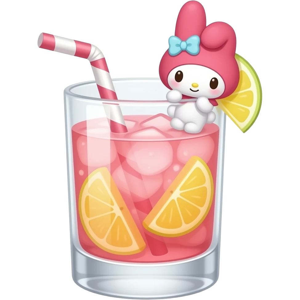 my melody the sanrio character themed pink and yellow colored cocktail in flute glass with actual illustration of my melody as a garnish emoji