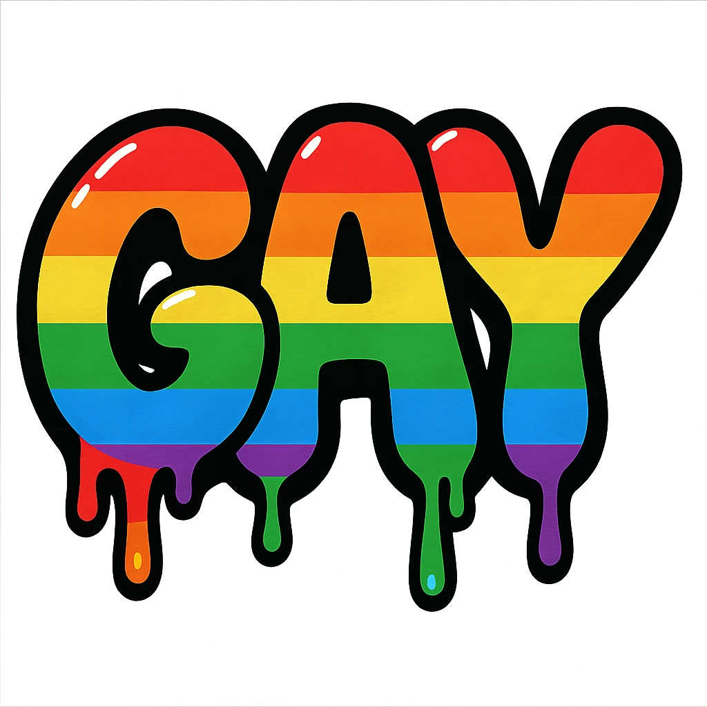 the word GAY in a graffiti bubble font with rainbow paint drips emoji