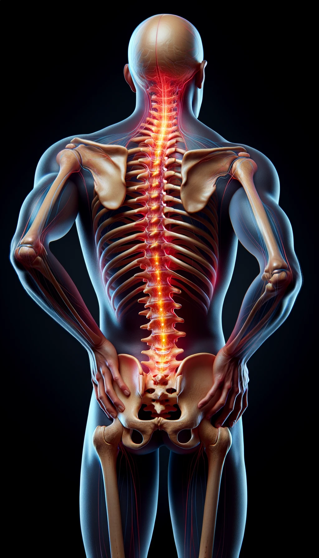 corpo umano anatomico di spalle e fisico storto, spina dorsale in evidenza, dolore alla schiena su un lato, iperrealistico 4k emoji
