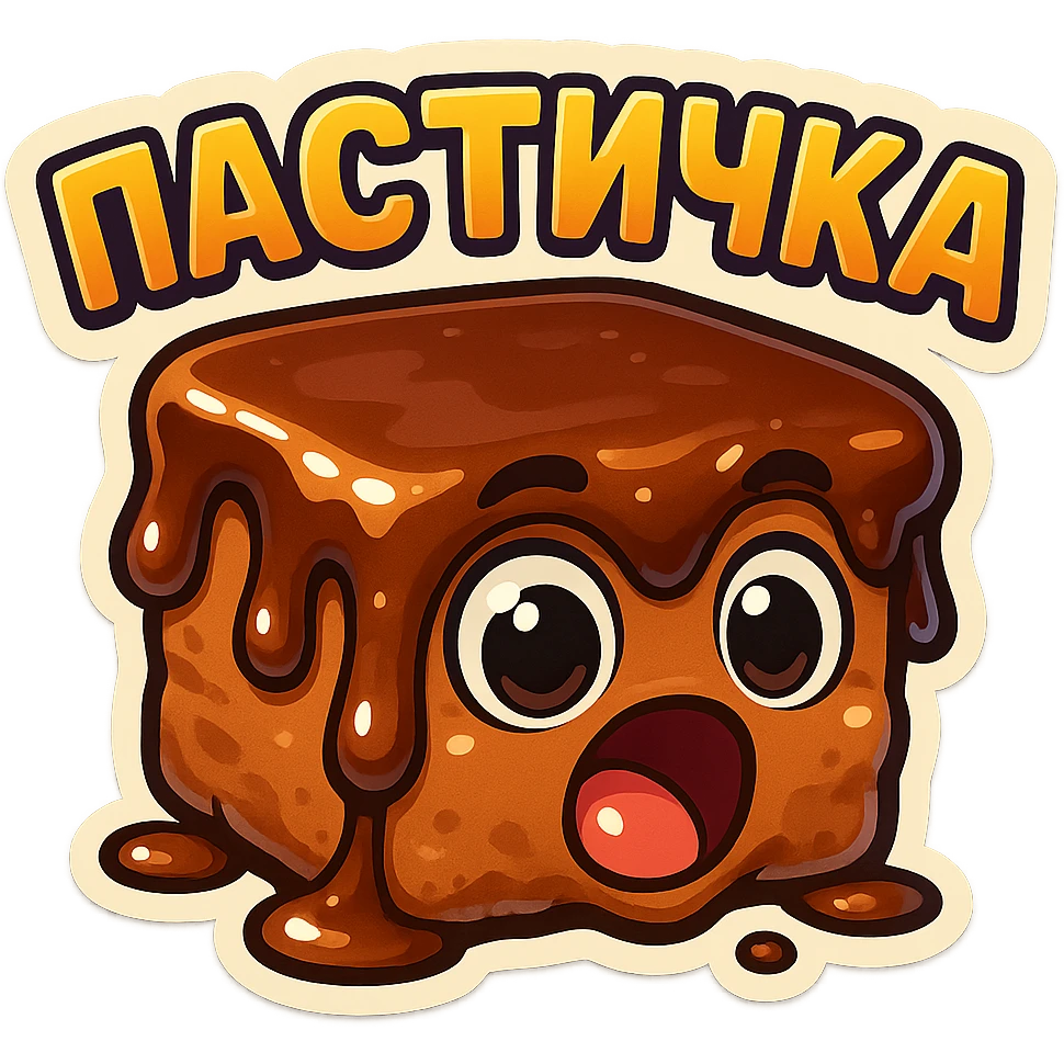 Rectangular chocolate mini pastry, slightly messy and squished, chocolate dripping, big round eyes, wide open mouth, playful surprised expression, text above: "ПАСТИЧКА", chibi style, Twitch emoji style, transparent background, colorful

 emoji