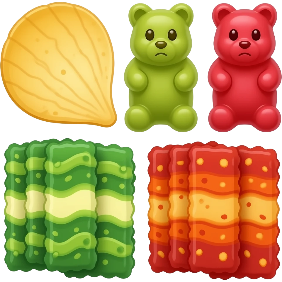 Gummy bears, potato chips, and spicy snack strips emoji