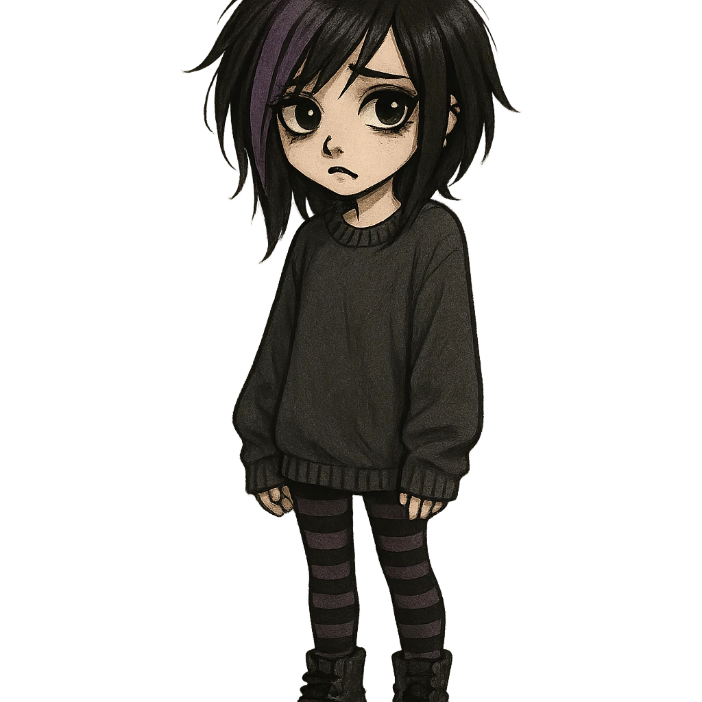 emo girl with oversized sweater, striped tights, purple hair streaks, expressive eyes emoji