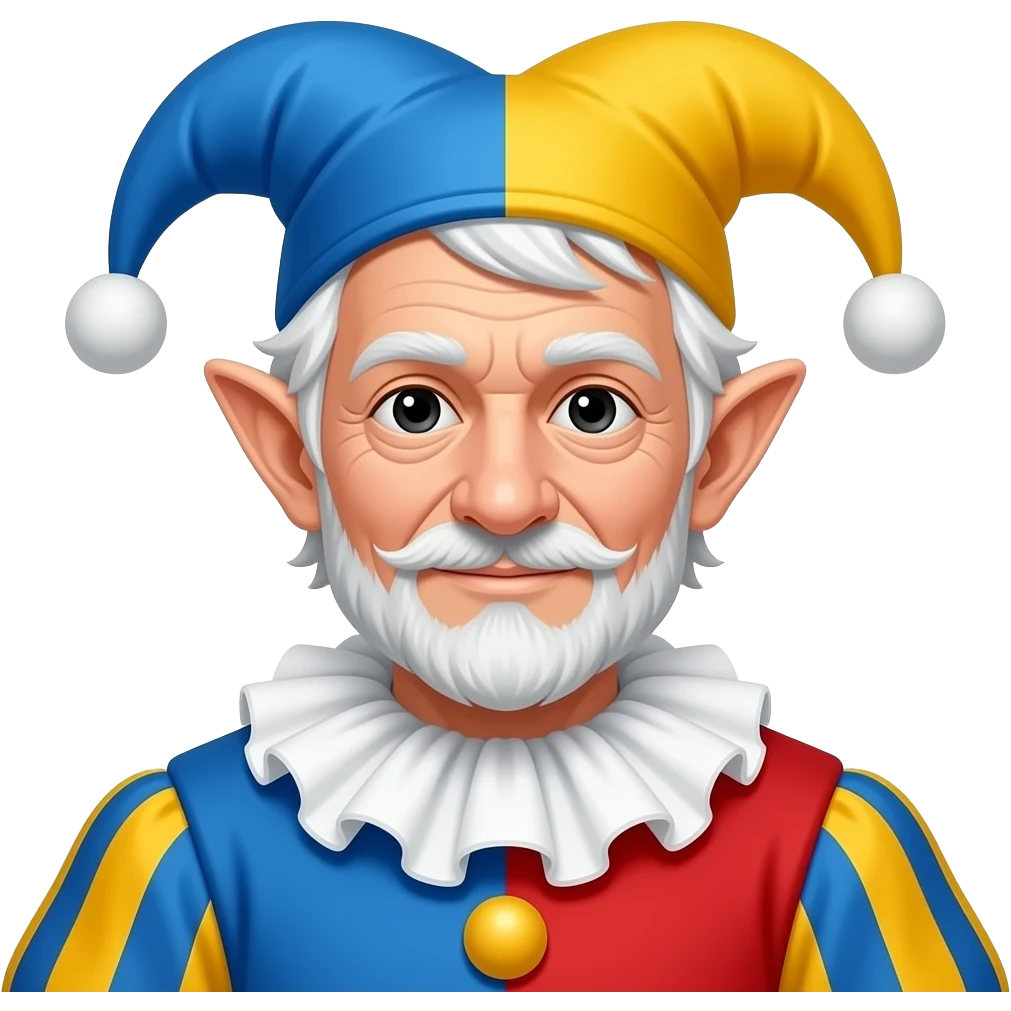 white male, elf ears, big nose, old, messy white hair, black eyes, dressed as a court jester, blue red and yellow emoji