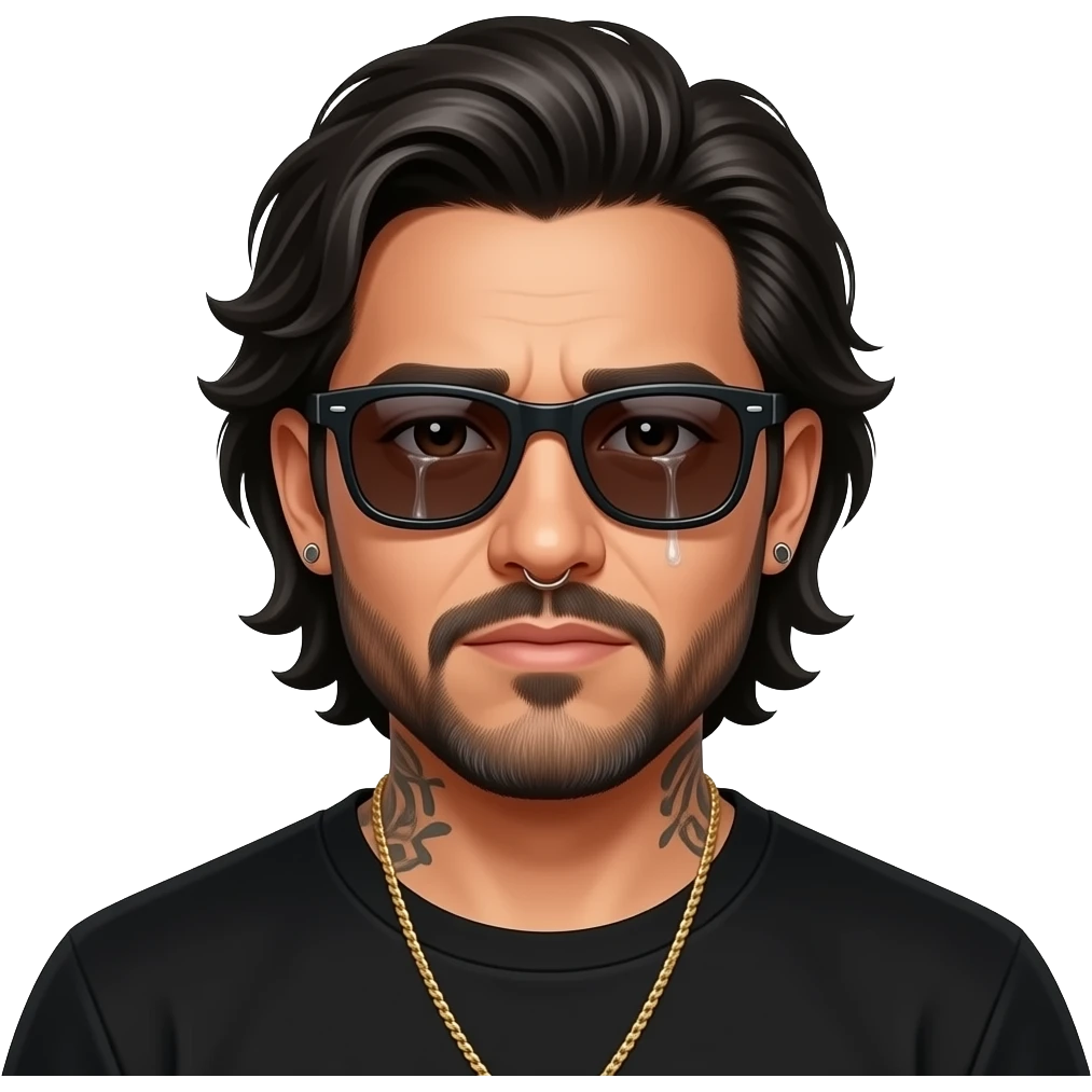 The handsome manly Latino podcast host with medium length hair, a long slightly graying beard and tattoos with his ears pierced 1 time each ear and a nose ring on the right side, dark brown eyes, wearing black, super dark sunglasses, jewelry, crying emoji