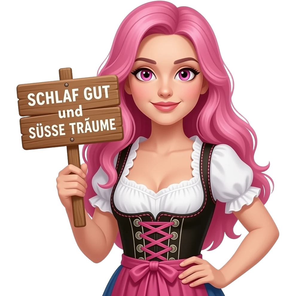 sexy girl with long pink hair and pink eyes wearing a dirndl holding a SCHLAF GUT und SÜSSE TRÄUME sign emoji