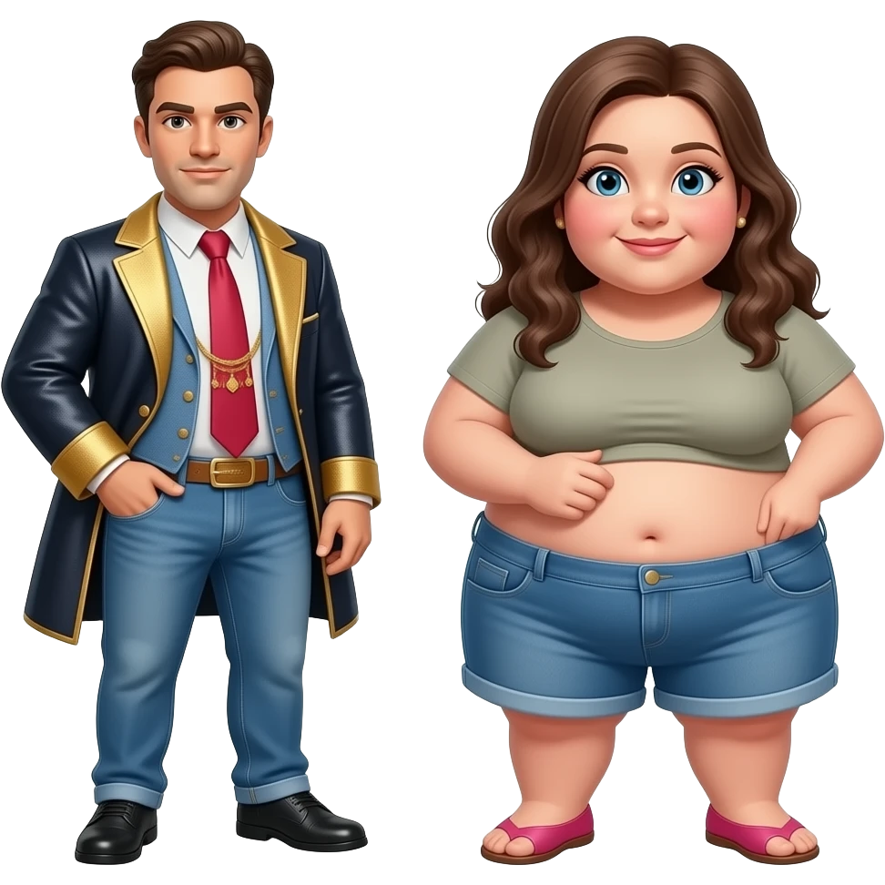 Light complex man wearing a pimp outfit standing with a fat girl emoji