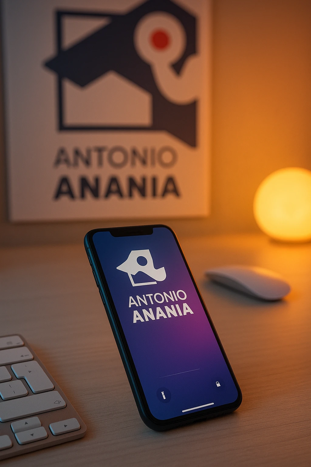 A photo of an iPhone on the desk with the message "Antonio Anania" on its screen, The phone sits atop a desk with a blurred with the logo in the background that suggests work environment. A faint glow from above casts gentle shadows across the surface of each object, creating depth and highlighting their textures emoji
