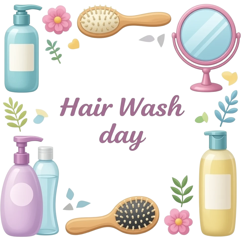 hair wash day’ written in the center, decorative background with hair care products like shampoo, conditioner, brushes, and mirrors, colorful and aesthetic, realistic style, no people emoji