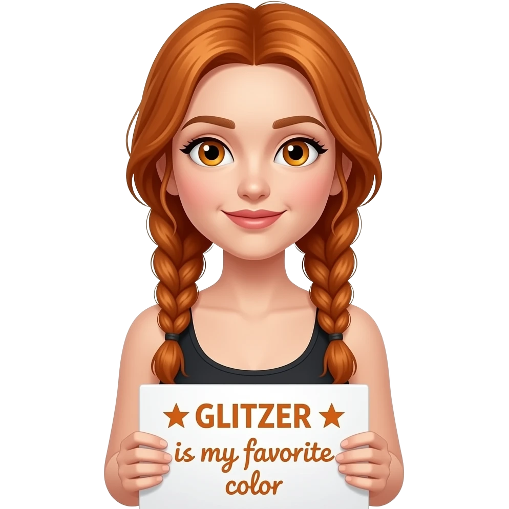 sexy girl with long ginger braids and ginger eyes wearing a black tanktop and is holding a white sign with ☆GLITZER☆ ist meine LIEBLINGSFARBE written on it emoji