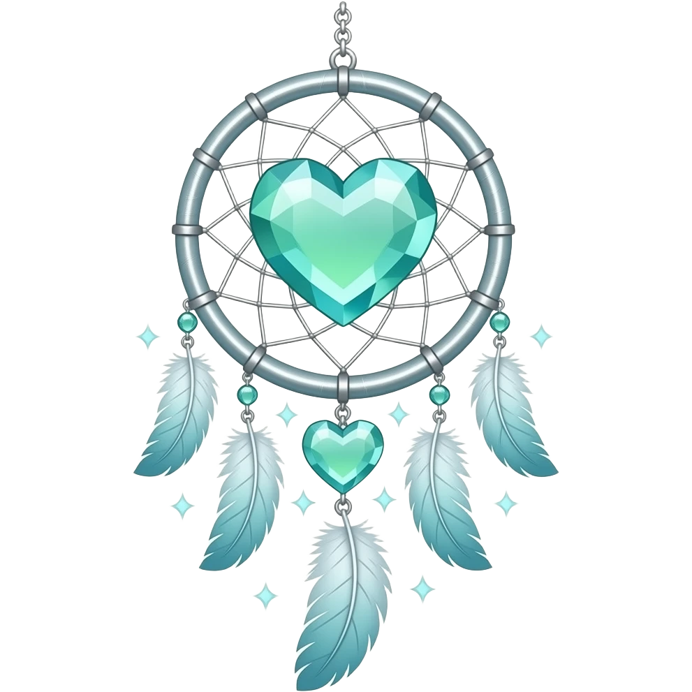 Blue-lime-greenish and silver cold-cool-colored romantic lush beautiful pretty hanging crystal-catcher aesthetic with hearts and sparkles and feathers emoji