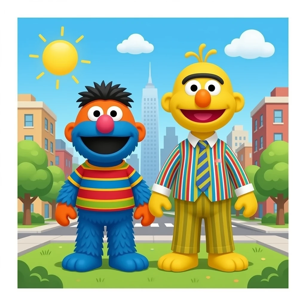 Bert and Ernie Full Body from Sesame Street/ Sesame Street Background on it emoji