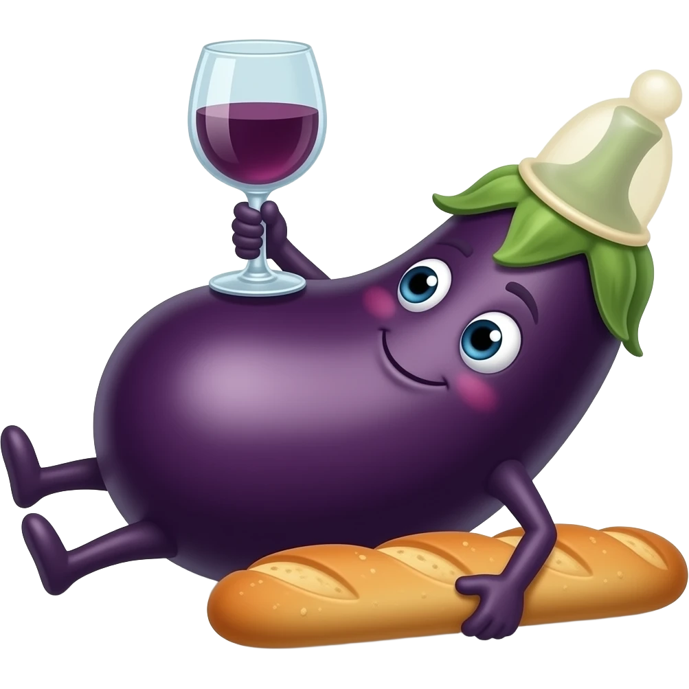 Aubergine couchée sur le coté ave un preservatif sur la tete, du côté vert, et tenant un verre de vin dans une main et une baguette dans l'autre main emoji