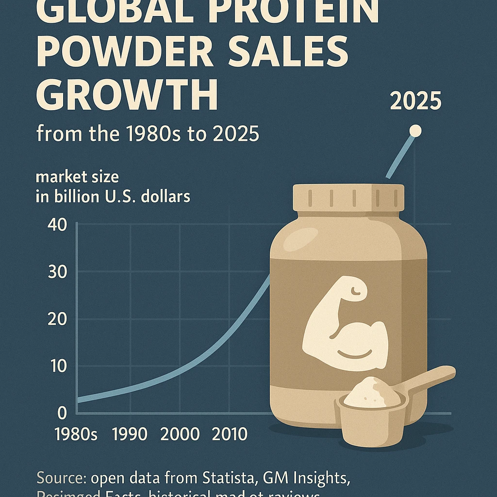 A gpt-style infographic chart showing global protein powder sales growth from the 1980s to 2025, based on open data from Statista, GM Insights, Packaged Facts, and historical market reviews.
It shows how the industry has grown from a niche market in the 1980s to a multi-billion dollar global market by 2020. emoji