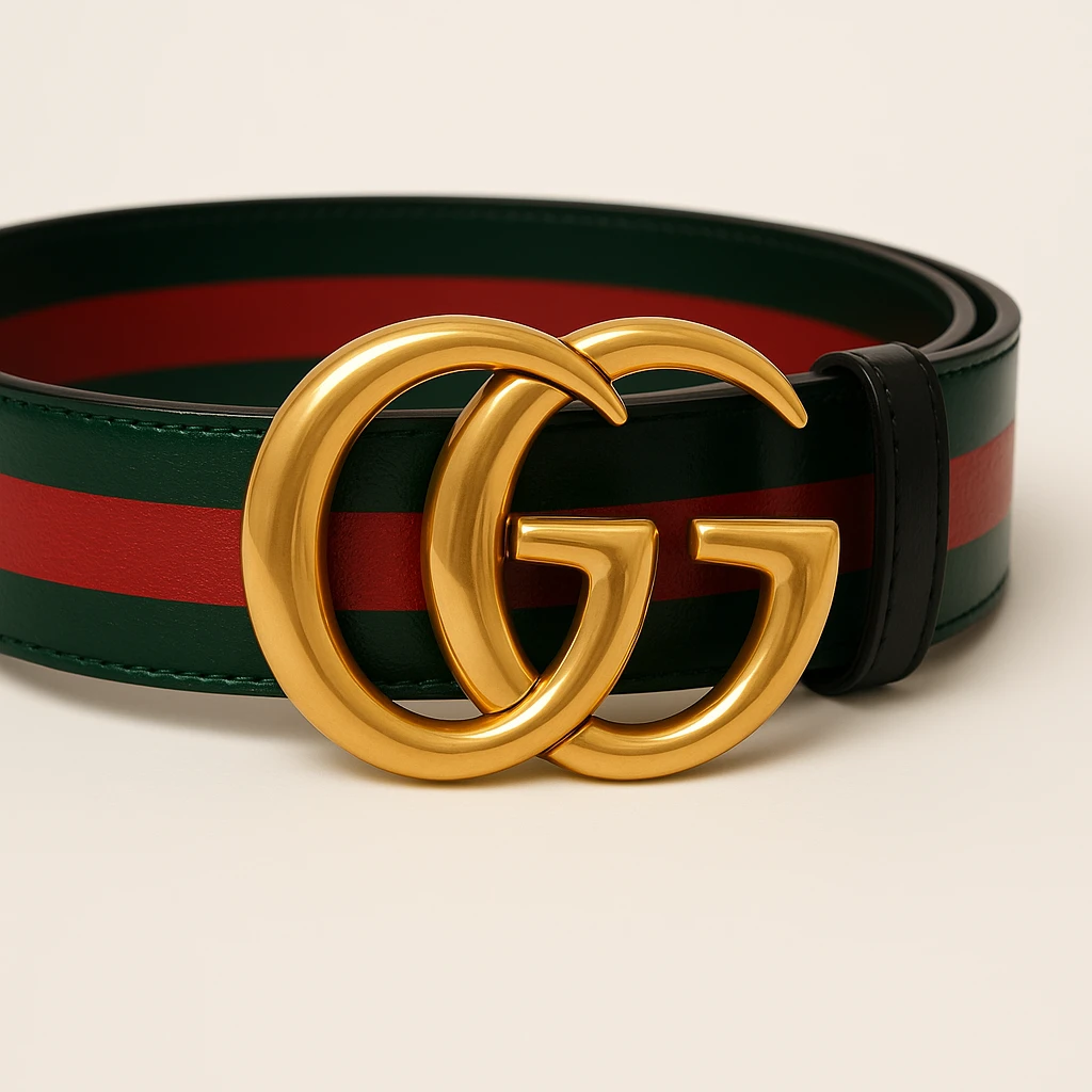 Change the belt band to green, black, and red stripes, keep the gold GG buckle and luxury look, maintaining a high-end fashion style. emoji