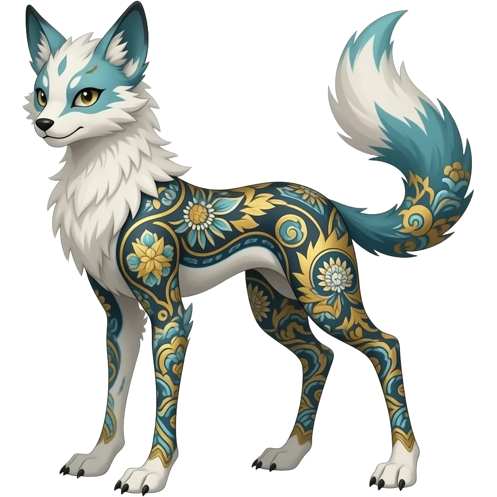 Animalistic fuzzy Slim thin lanky scrawny tall elegant oriental feral painted Asian Absol-Glaceon-Sylveon-fusion-hybrid-creature emoji