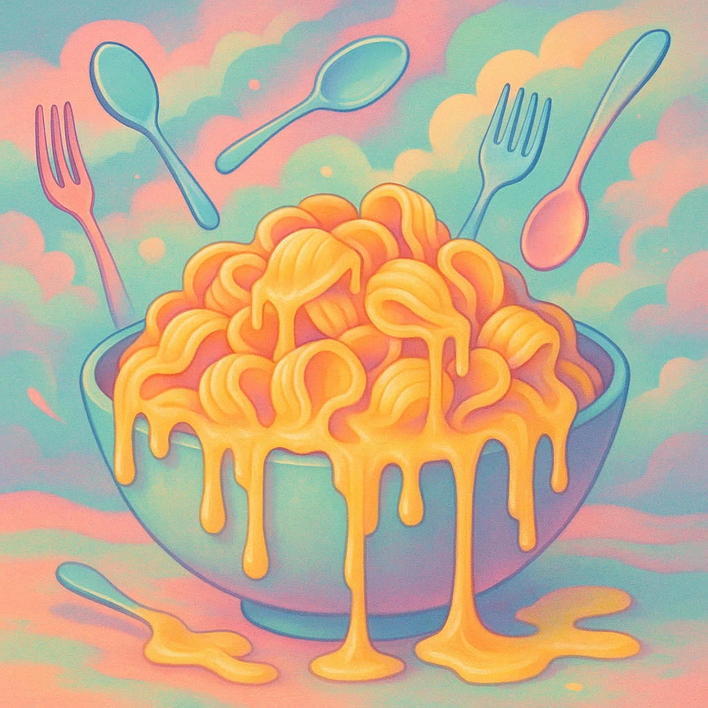 a bowl of orecchiette pasta with surreal elements, such as melting noodles, floating utensils, and whimsical colors emoji
