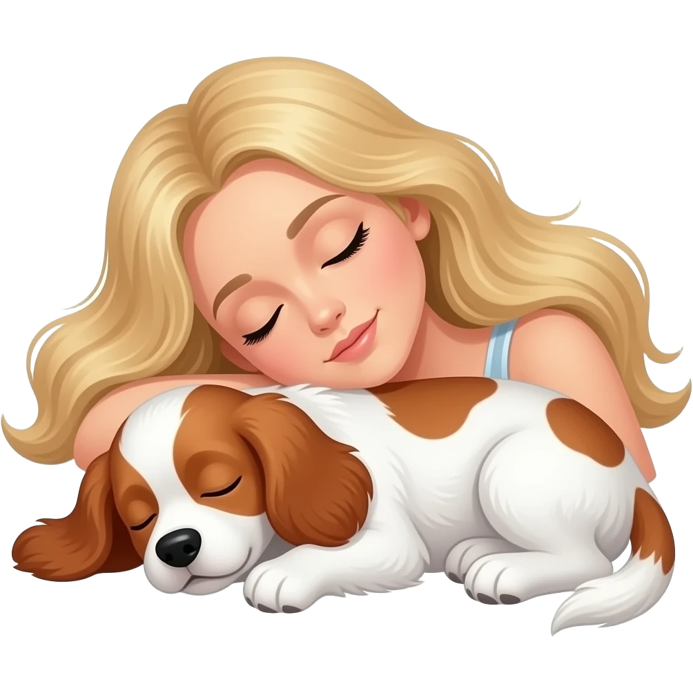 White woman with Long blond hair sleeping with a sleeping White/red cockerspaniel puppy emoji