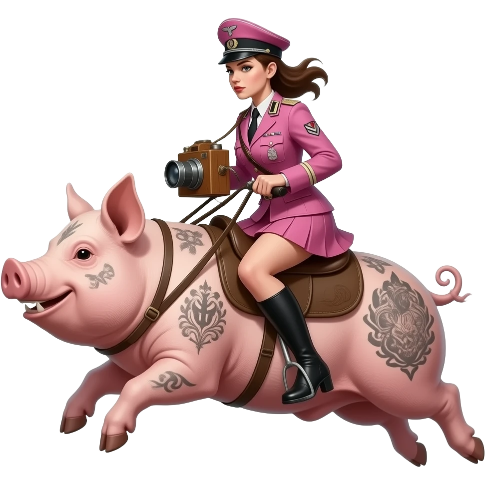 cinematic - A thin and creepy female rider in a pink German WWII uniform jumps on a large tattooed pig with a wooden daguerreotype camera and pink high heels on her feet. emoji