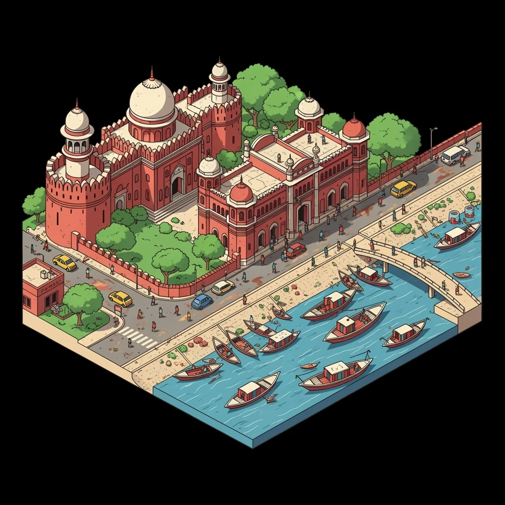 Isometric minimalistic illustration of Dhaka – Lalbagh Fort, Ahsan Manzil, bustling river boats, dirty colorful streets, subtle 3D miniature effect and Tilt Shift effect, no cartoonish look, transparent background. emoji