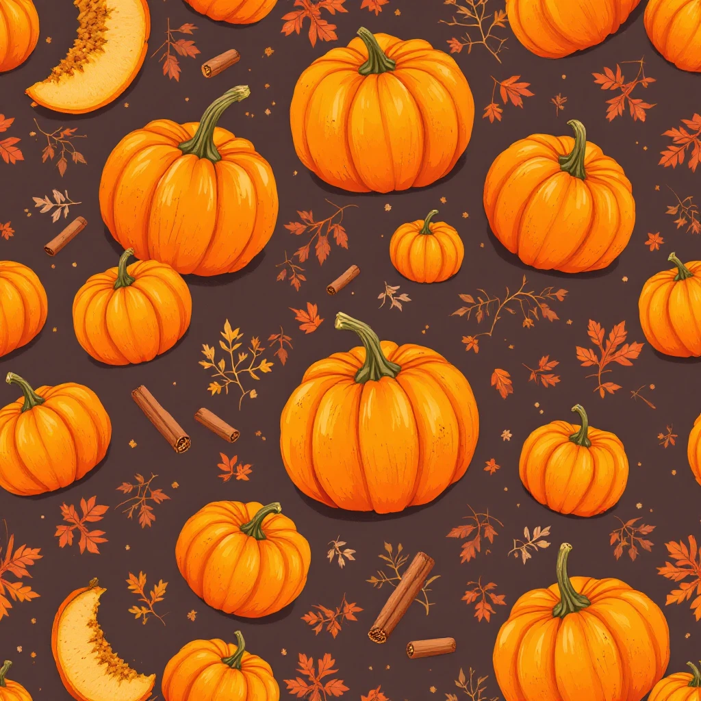 seamless pattern of pumpkins and pumpkin spice, warm orange and cinnamon tones, cozy autumn vibes, soft texture, vector style, high resolution emoji
