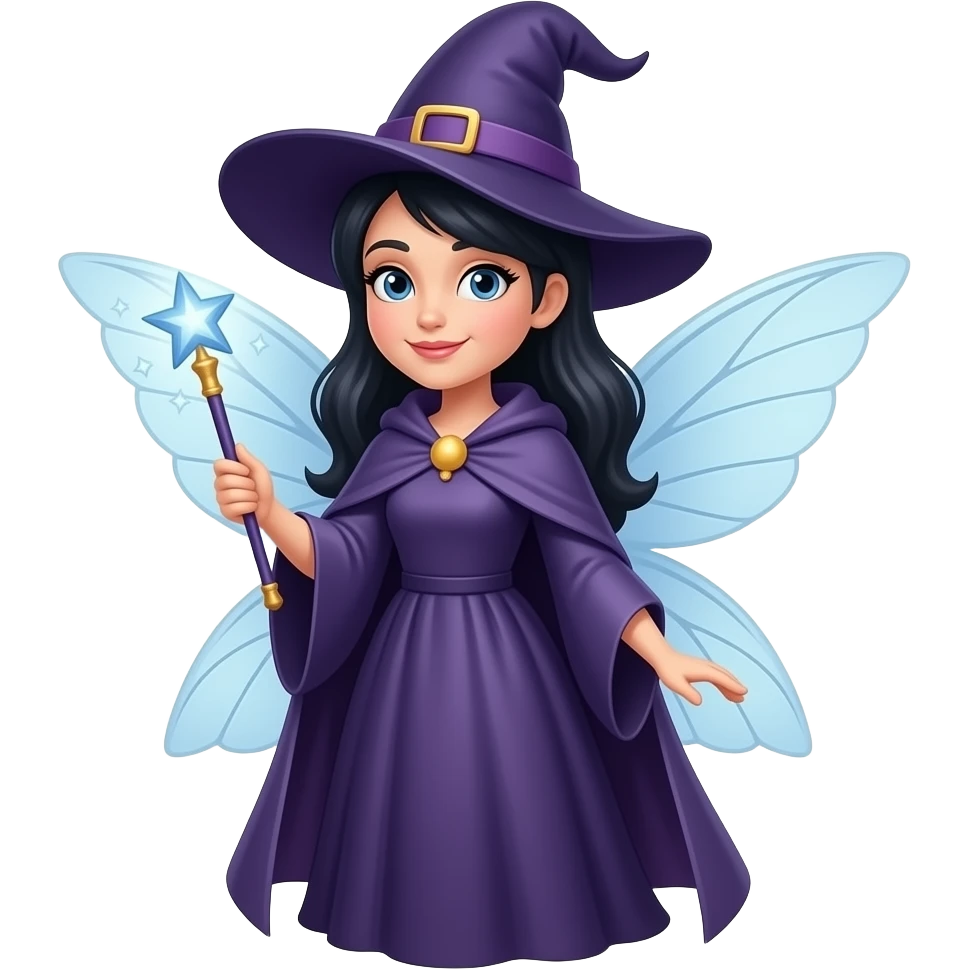 fairy godmother with wings and magic wand face, without hat and with dark hair emoji