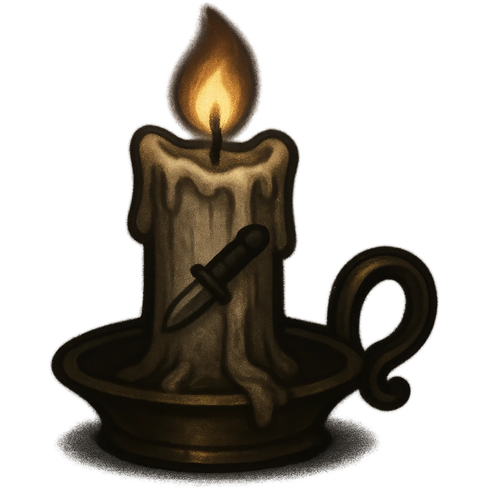 burning candle in a vintage brass holder with wax dripping, tiny knife carved into the side, gothic aesthetic inspired by church confessionals and plotting in silence, glowing softly with shadows around, discord-sized emoji emoji