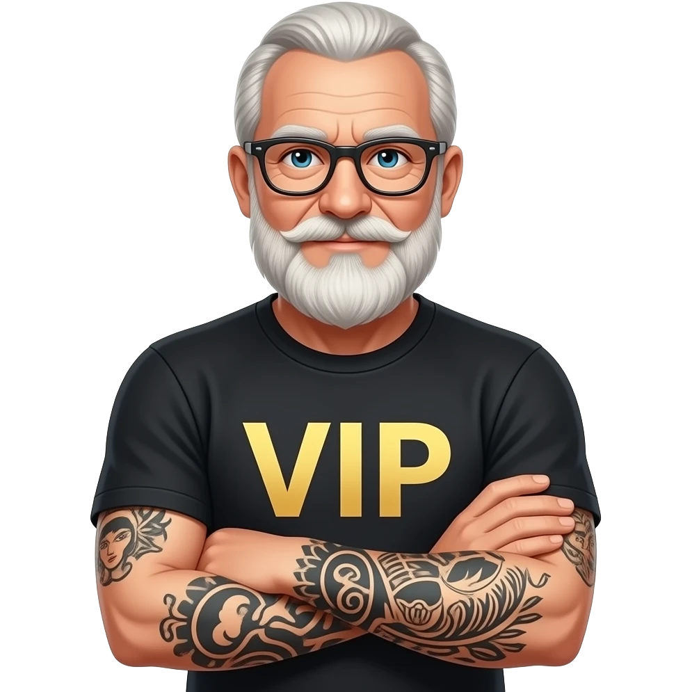old elderly man with ca and tattoos on arm at stripclub with shirt that says vip host emoji