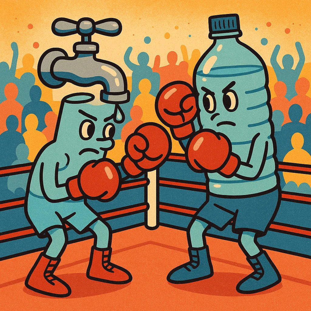 boxing challenge between tap water and plastic bottle, both personified as boxers, with ring, gloves, and stylized audience, colorful and simple style emoji