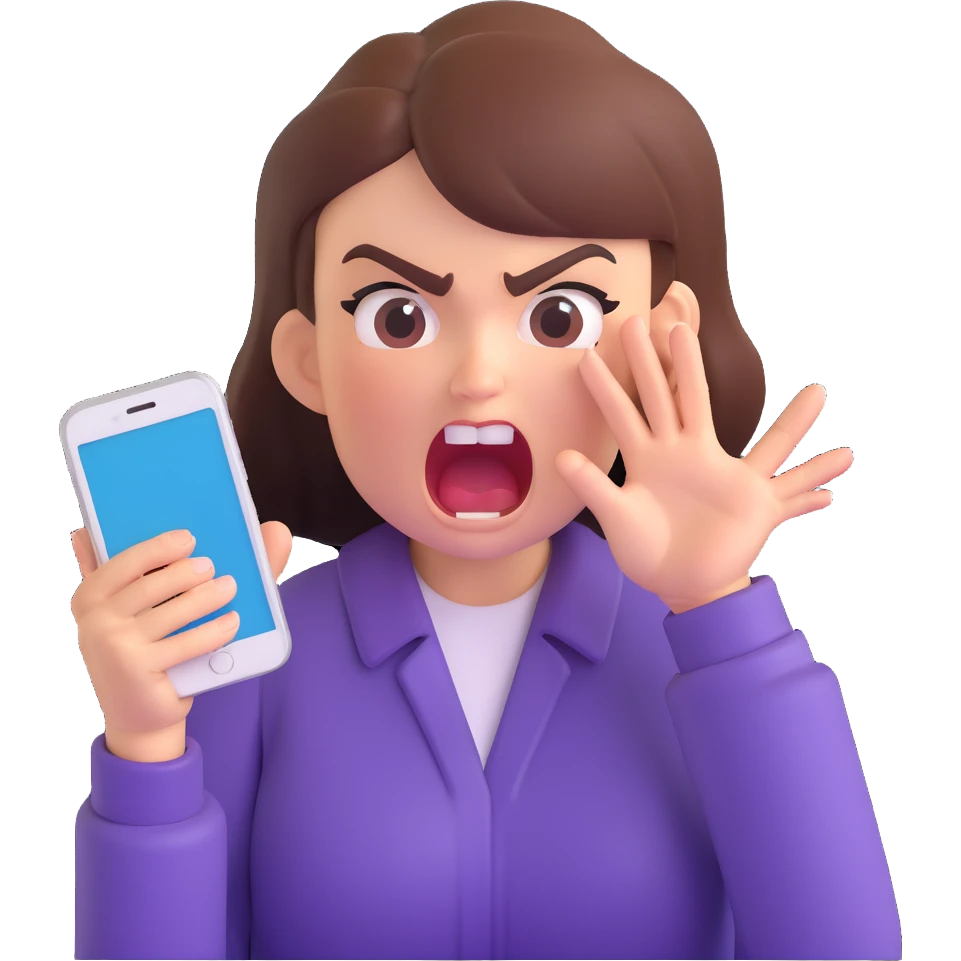 girl with an angry face shouting at her phone, dramatic, hands gripping device emoji