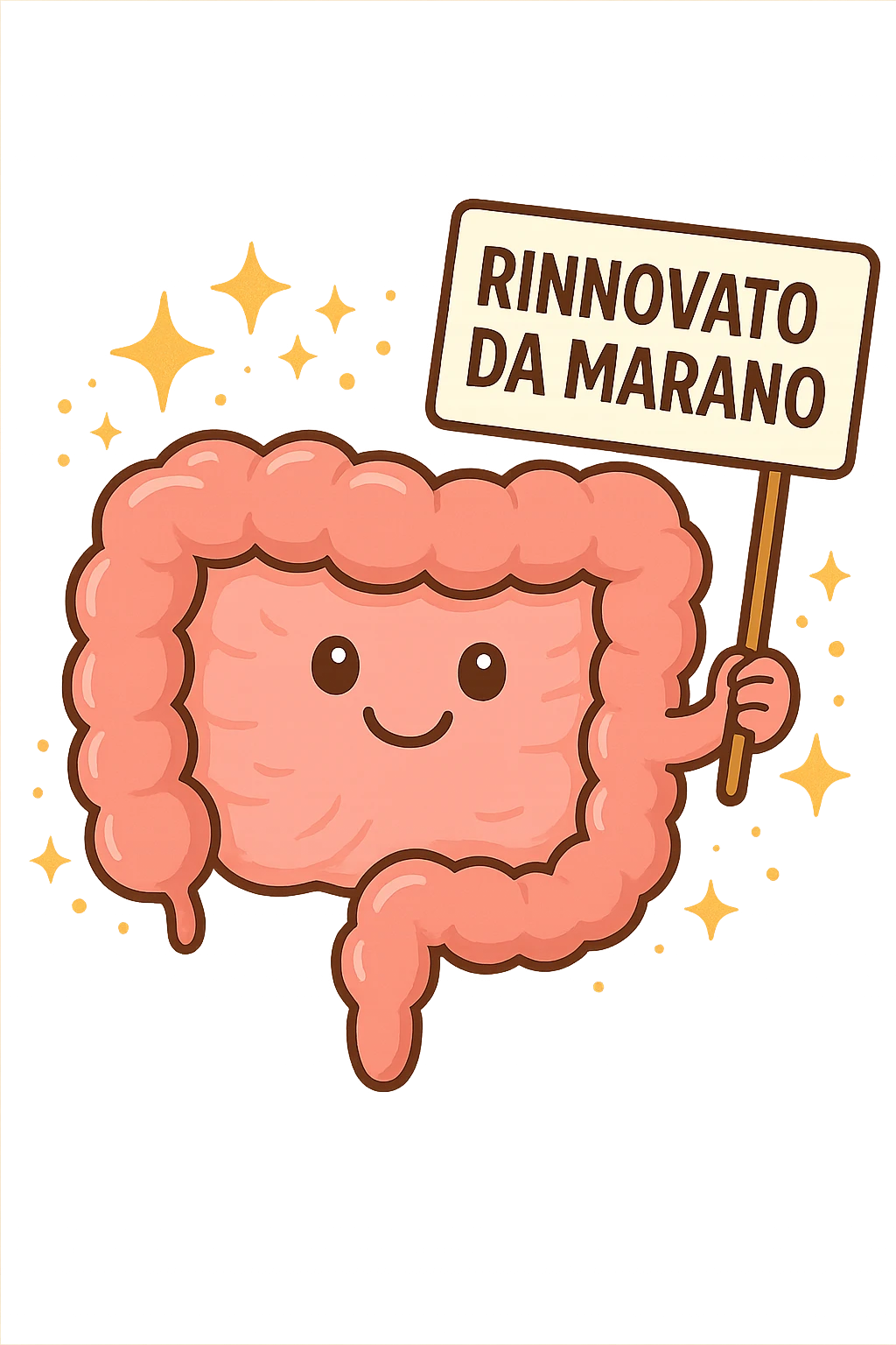 fammi un intestino identico a questo, ma felice e con le scintille di splendore dorate sopra, si sta rinnovando come se fosse in ottima salute, in mano ha un cartello con la scritta "RINNOVATO DA MARANO" emoji