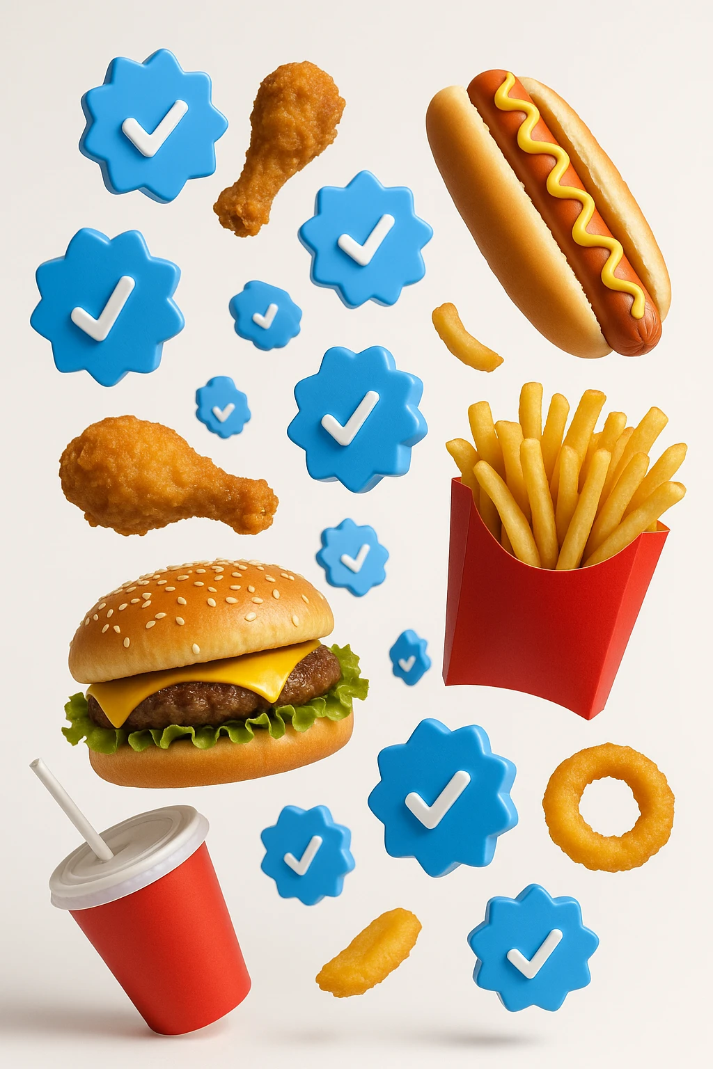 fast food realistico fluttua in aria insieme a spunte di verificato in 3d, sfondo bianco emoji