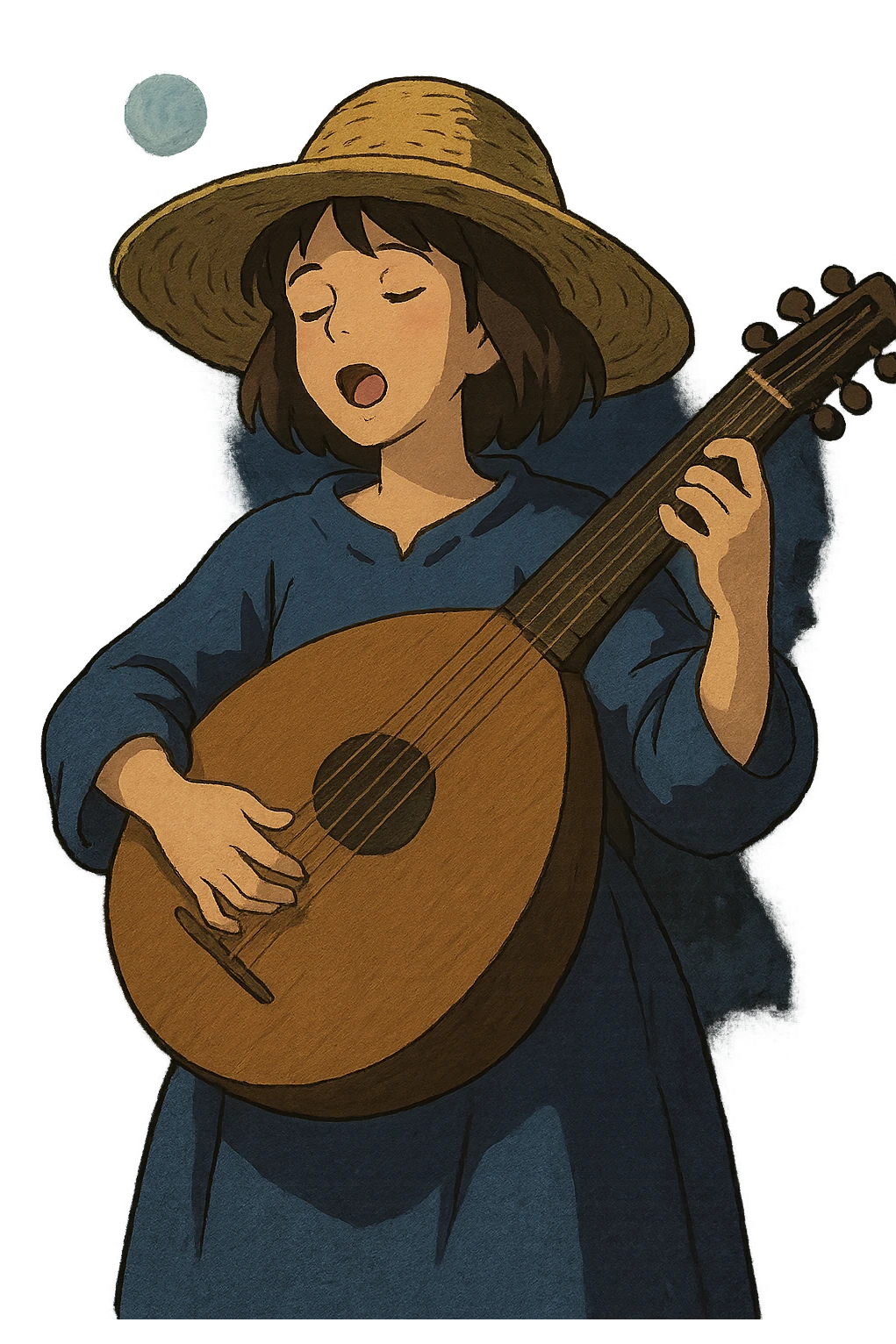 A female bard with a sturdy straw hat, playing a fat lute and singing, night time shadows   emoji