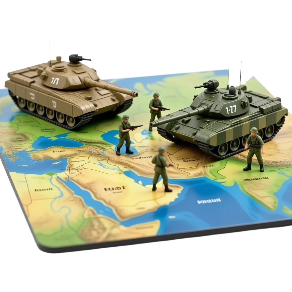 American tank vs Iran tank with stick men driving in a Risiko tabletop game style emoji