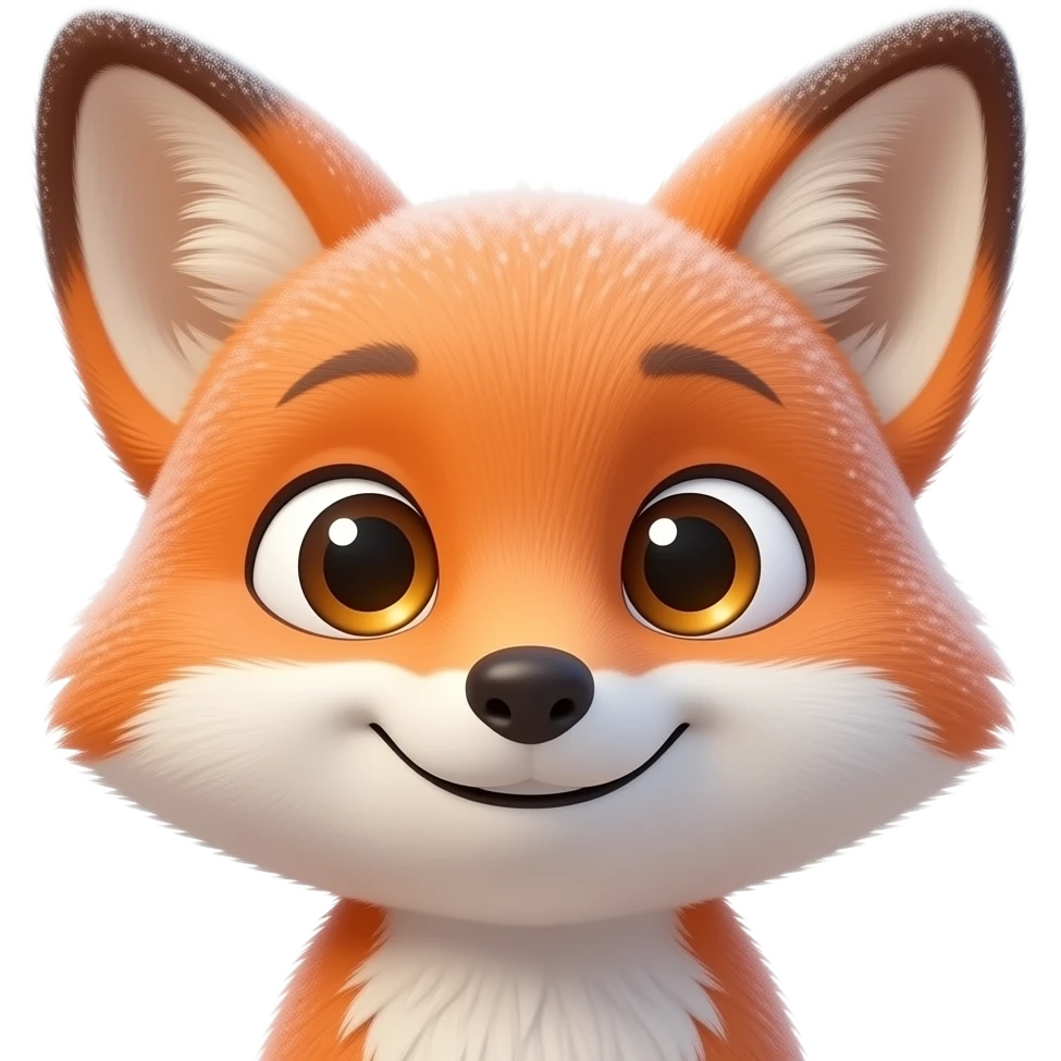 Cinematic Cute Smiling Fox Portrait Emoji, Head tilted showcasing a thick orange and white coat with a frosty sheen, floppy ears, round light brown eyes, Simplified yet irresistibly adorable features, highly detailed, glowing with a soft, cool glow, high shine, relaxed yet expressive emoji