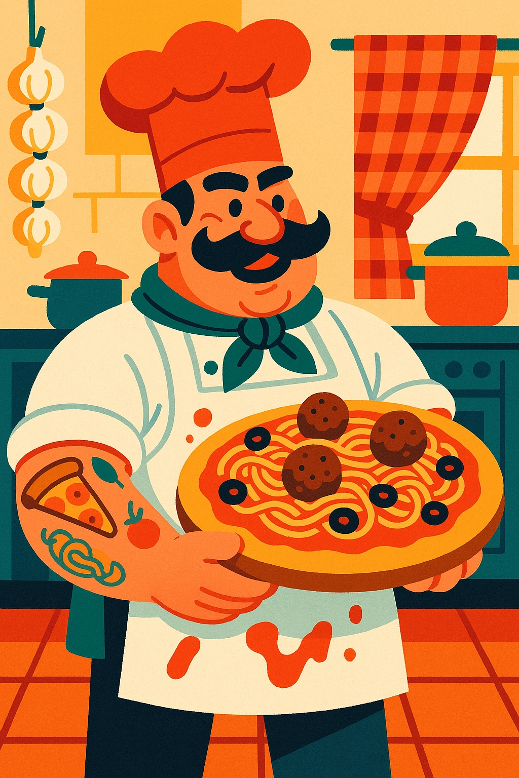 A tall, burly Italian chef with a thick black mustache and a big red chef hat, wearing a white apron stained with tomato sauce. He’s holding an oversized, loaded pizza topped with spaghetti, meatballs, and olives. His tattooed arms show pizza and pasta motifs. Colorful and cartoonish style with exaggerated features and a lively Italian kitchen background. emoji